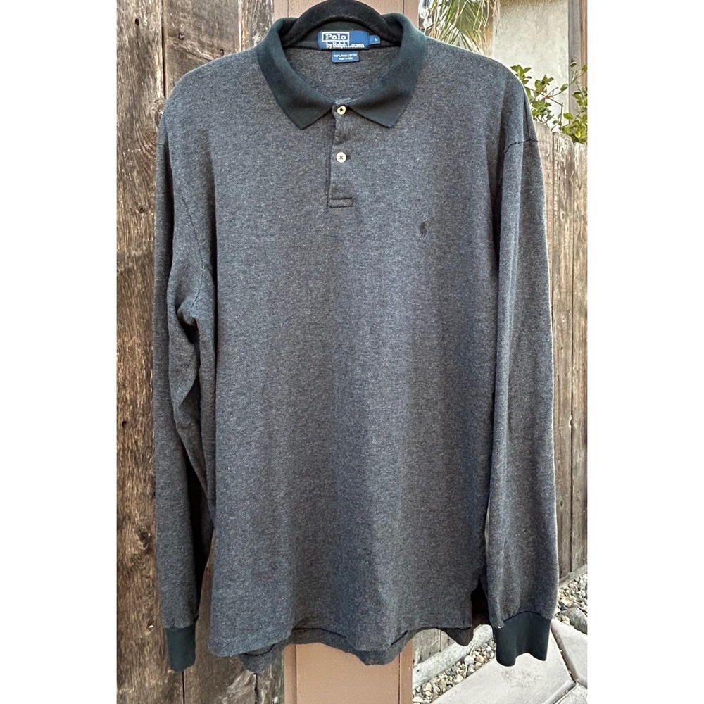 Vintage Polo Ralph Lauren Men L Pima Cotton Long Sleeve Polo Gray Black Peru